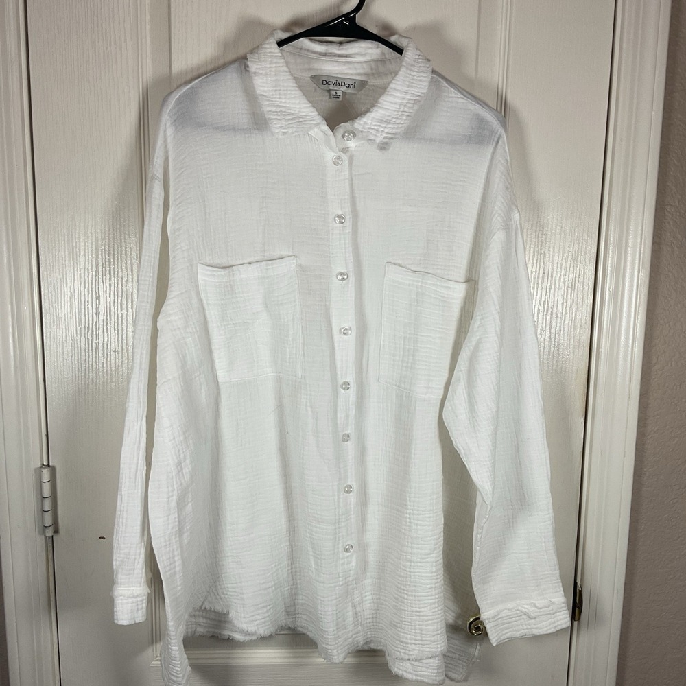 Davi & Dani Women's Small 100% Cotton Gauze Button‎ Up Shirt White Long Sleeve